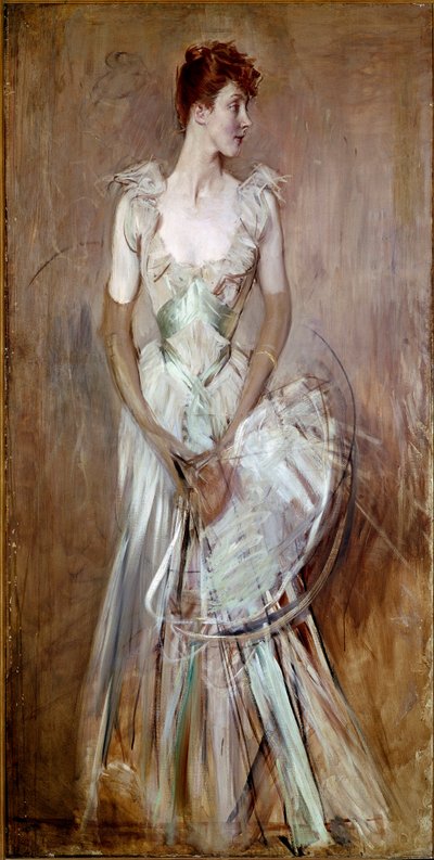 Lindo período: "Retrato da Condessa de Leusse nee Berthier" Mulher em elegante vestido branco de noite. Pintura de Giovanni Boldini (1842-1931) Sol. 200x105 cm Pistoia, Coleção Boldini de Giovanni Boldini