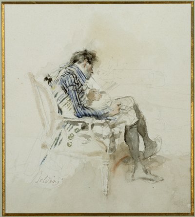 Cavalheiro sentado em uma poltrona lendo um livro e fumando um cachimbo de Giovanni Boldini