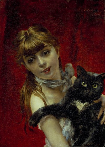 Rapariga com gato preto, c.1885 (óleo sobre tela) de Giovanni Boldini