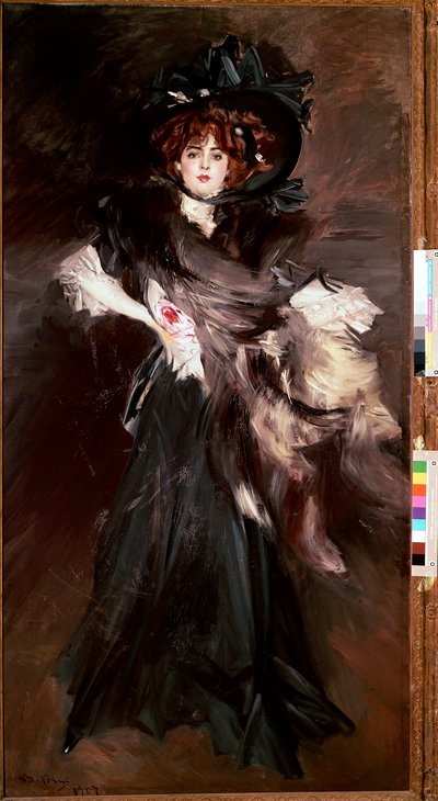 Retrato de Mademoiselle Lantelme Jovem mulher veste-se de moda negra Belle Epoque. Pintura de Giovanni Boldini (1842-1931) 1907 Sol. 227x118 cm Roma, Galleria Nazionale d