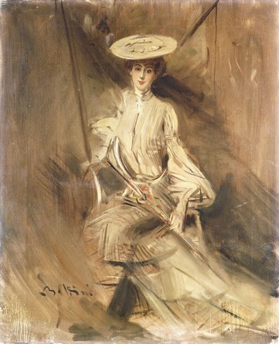 Retrato de uma senhora, sentada, com um guarda-sol, de Giovanni Boldini