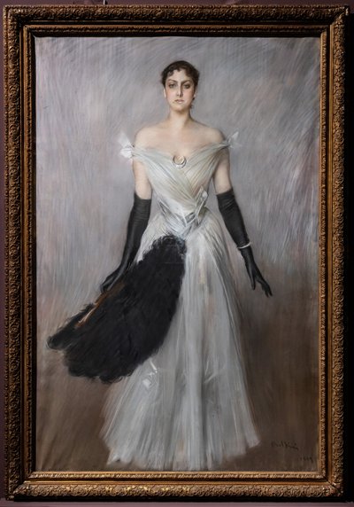 Retrato de uma senhora de branco com luvas e ventilador de Giovanni Boldini