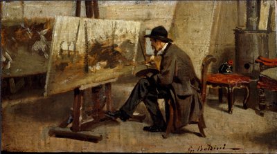 O pintor Giovanni Fattori na sua oficina Pintura atribuída a Giovanni Boldini (1842-1931) 1863-1869 Sol. 13x24 cm colecção privada de Milão de Giovanni Boldini