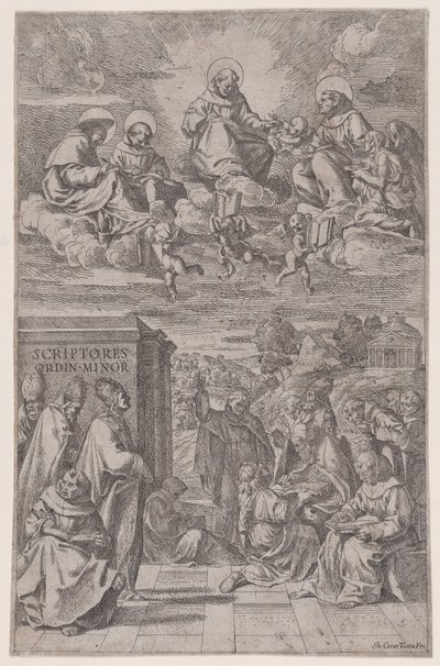 Eclesiásticos em uma paisagem escrevendo, outros no reino celestial acima, c1650. de Giovanni Cesare Testa