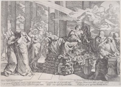 O suicídio de Dido que se reclina em uma pira no centro, cercado por muitas figuras, 1650-55. de Giovanni Cesare Testa