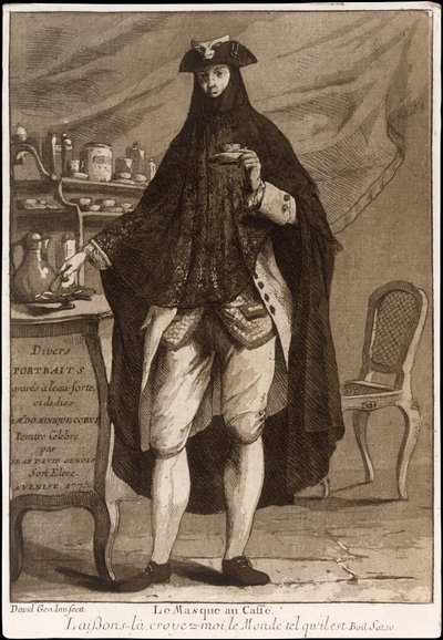 Um homem usando uma máscara bebendo uma xícara de café Le Masque au Caffé, 1775. de Giovanni David