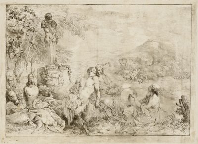 Paisagem com uma família de sátiros e escultura clássica de Giovanni David after Giovanni Benedetto Castiglione