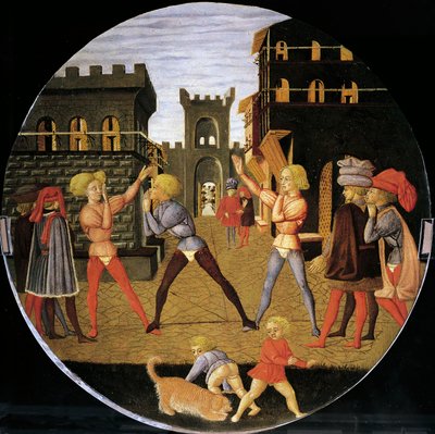 jogo chamado civettino, detalhe da frente da bandeja de nascimento (pintura redonda), cerca de 1450, de Giovanni di Ser Giovanni, conhecido como Lo Scheggia (1406-1486), tempera sobre madeira de Giovanni Di Ser Giovanni Lo Scheggia Guidi