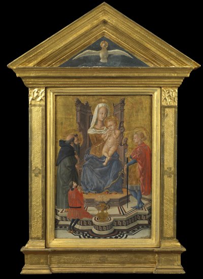 Virgem e Criança Entronizados, com os Santos Antônio Abade e Juliano e um Doador (frontão acima - Espírito Santo), c.1430 (tempera no painel) de Giovanni Di Ser Giovanni Lo Sheggia (attr. to) Guidi