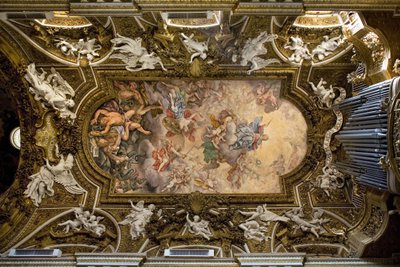 Abóbada da Igreja de Santa Maria della Vittoria em Roma, afresco representando a vitória da Virgem Maria sobre a heresia, a queda dos anjos rebeldes, realizada em 1675 por Giovanni Domenico Cerrini (1609-1681), Construção do século XVII, italiano re de Giovanni Domenico Cerrini