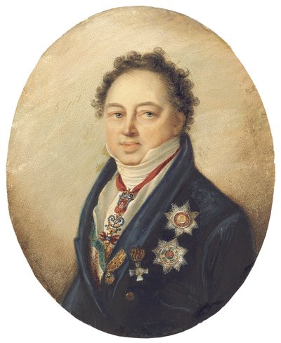 Conde Dmitry Pavlovich Tatishchev, voltado para a esquerda com casaco azul, colete branco e calça de Giovanni Domenico Bossi