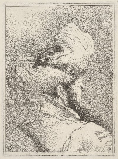 Homem barbudo com turbante, representado em busto de costas em vista de três quartos, da "Colecção de cabeças" (Raccolta di teste) de Giovanni Domenico Tiepolo
