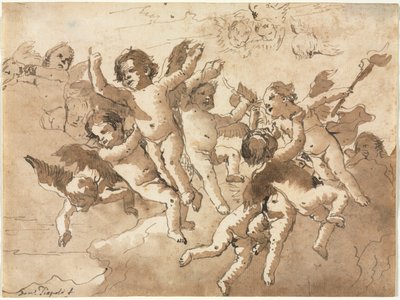 Cupido nas nuvens com querubins assistentes de Giovanni Domenico Tiepolo