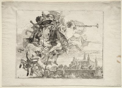 Fuga para o Egito: Dedicação com figura alada da fama com as armas do príncipe-bispo de Wurzburg de Giovanni Domenico Tiepolo