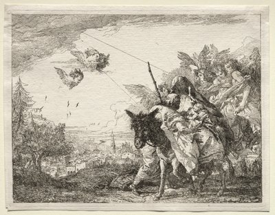 Fuga para o Egito: Joseph parando para contemplar o Menino Jesus de Giovanni Domenico Tiepolo