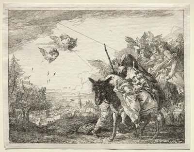 Fuga para o Egito: José fazendo uma pausa para contemplar o Cristo Infantil. de Giovanni Domenico Tiepolo