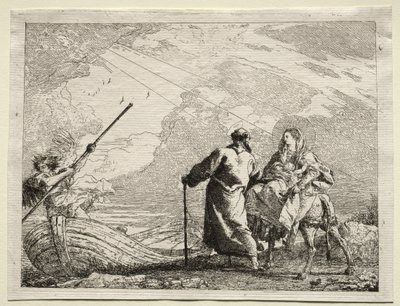 Fuga para o Egito: A Sagrada Família Chegando à Margem do Rio de Giovanni Domenico Tiepolo