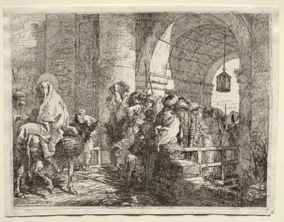 Fuga para o Egito: A Sagrada Família Passando sob um Arco. de Giovanni Domenico Tiepolo