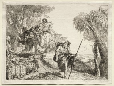 Fuga para o Egito: A Sagrada Família e o rebanho de ovelhas de Giovanni Domenico Tiepolo