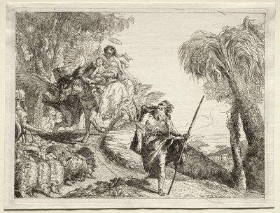 Fuga para o Egito: a Sagrada Família e o rebanho de ovelhas. de Giovanni Domenico Tiepolo