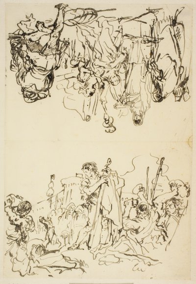 Folha dobrada com "O martírio de Santo Estêvão e Agripina desembarcando em Brindisi com as cinzas de Germânico" de Giovanni Domenico Tiepolo