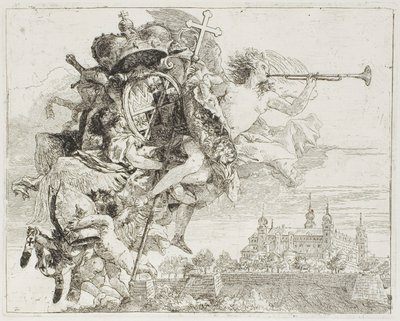 Frontispício: Os braços de Carl Philipp von Greiffenklau carregados no ar por um anjo, de A fuga para o Egito de Giovanni Domenico Tiepolo