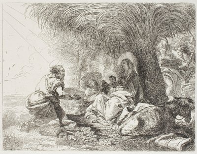 José adorando a criança enquanto dois anjos cantam, placa dezenove de A Fuga para o Egito de Giovanni Domenico Tiepolo
