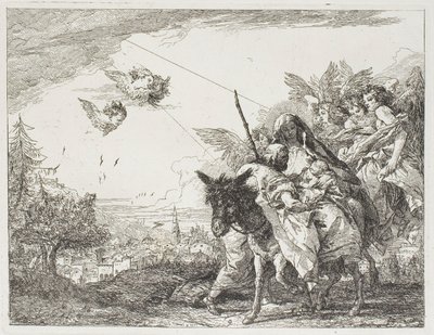 José adorando o Menino, que é segurado nos braços de Maria, placa nove de A fuga para o Egito de Giovanni Domenico Tiepolo