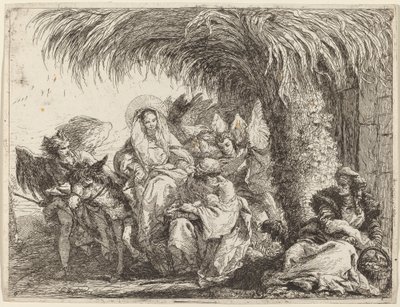 José ajoelha-se com a criança diante de Maria no burro de Giovanni Domenico Tiepolo