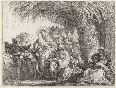 José ajoelha-se com a criança diante de Maria no burro de Giovanni Domenico Tiepolo
