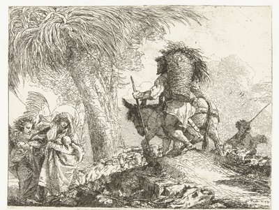 Maria com o Menino apoiada por um anjo e José conduz um jumento por um pastor com ovelhas Voo para o Egito (título da série) Idea pitoresca sopra la fugga em Egitto (título da série) de Giovanni Domenico Tiepolo
