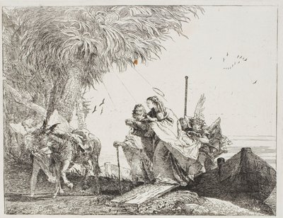 Maria, Ajudada por José e um Anjo, Saindo do Barco, placa dezoito de A Fuga para o Egito de Giovanni Domenico Tiepolo