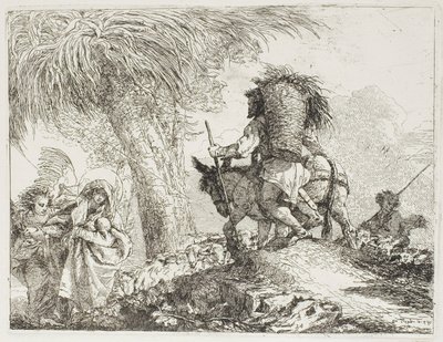 Maria, ajudada por um anjo, e José carregando a cesta, passando um rebanho, placa 24 de A Fuga para o Egito de Giovanni Domenico Tiepolo