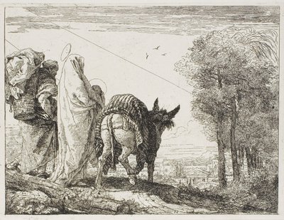 Maria segurando a criança em seus braços e José com a cesta, prato dez de A Fuga para o Egito de Giovanni Domenico Tiepolo