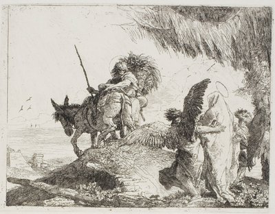 Maria, apoiada por dois anjos, segue José, placa 26 de A Fuga para o Egito de Giovanni Domenico Tiepolo