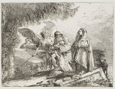 Maria e José, segurando a criança, são escoltados por um anjo, placa doze de A Fuga para o Egito de Giovanni Domenico Tiepolo