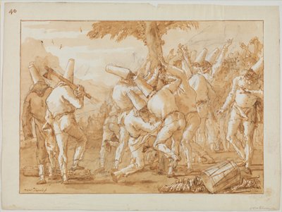 Punchinello a derrubar (ou a plantar) uma árvore de Giovanni Domenico Tiepolo
