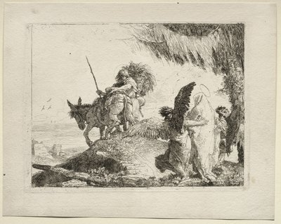 A fuga para o Egito: a fuga com a Madona à direita apoiada por anjos de Giovanni Domenico Tiepolo