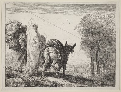 A fuga com a Sagrada Família à esquerda de Giovanni Domenico Tiepolo