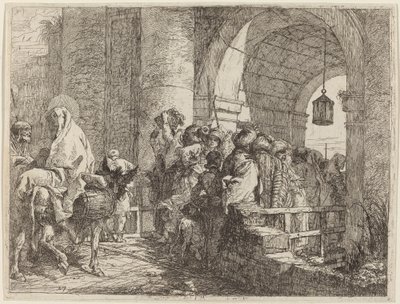 A Sagrada Família chegando em um portão da cidade de Giovanni Domenico Tiepolo