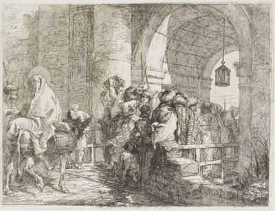 A Sagrada Família Chegando a um Portão da Cidade, placa 27 de A Fuga para o Egito de Giovanni Domenico Tiepolo