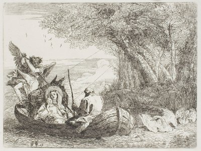A Sagrada Família Atravessando o Lago no Barco, placa dezessete de A Fuga para o Egito de Giovanni Domenico Tiepolo