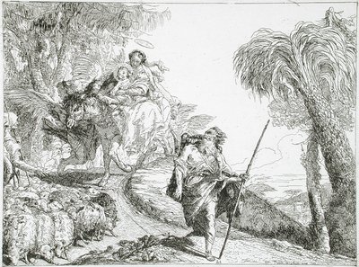 A Sagrada Família desce por um caminho na floresta, junto de um rebanho e de alguns pastores de Giovanni Domenico Tiepolo