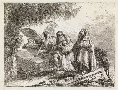 A Sagrada Família acompanhada por um anjo (A Fuga para o Egito XII) de Giovanni Domenico Tiepolo