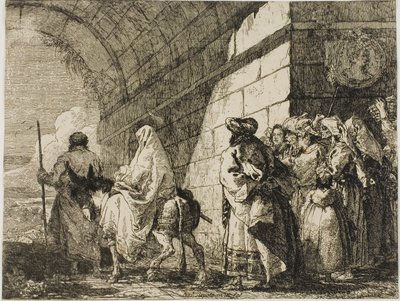 A Sagrada Família saindo por um portão da cidade, placa sete de A Fuga para o Egito de Giovanni Domenico Tiepolo