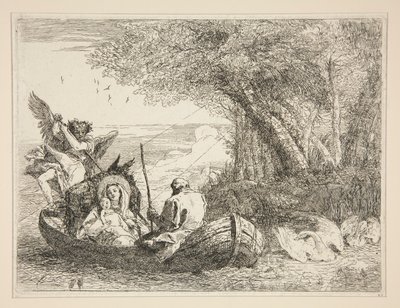 A Sagrada Família Viajando de Barco, da série Idee pittoresche sopra la fuga em Egitto (Voo para o Egipto) de Giovanni Domenico Tiepolo