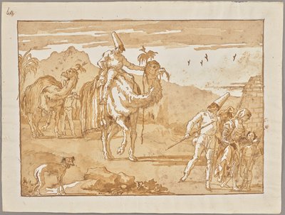 Punchinello montado num camelo à frente de uma caravana de Giovanni Domenico Tiepolo