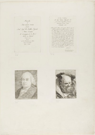 Página de rosto, dedicatória, retrato de Giambattista Tiepolo, velho barbudo de Giovanni Domenico Tiepolo