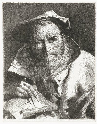 Cientista com boina na cabeça e compasso na mão Coleção de cabeças (título da série) Raccolta di Teste (título da série) de Giovanni Domenico Tiepolo