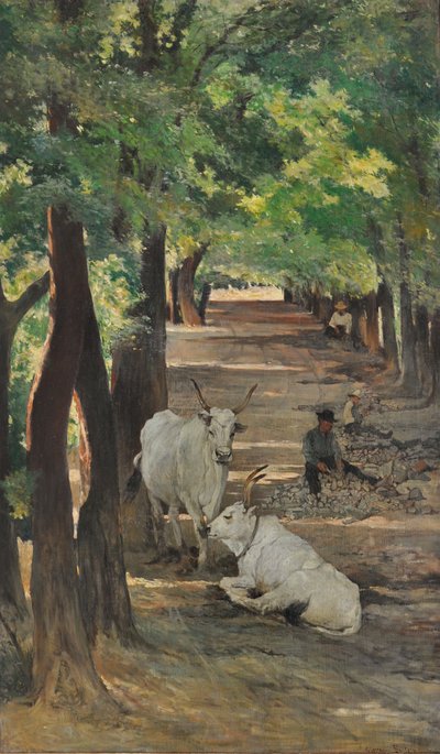 Avenida com bois e quebradores de pedra, c.1875 (óleo sobre tela) de Giovanni Fattori